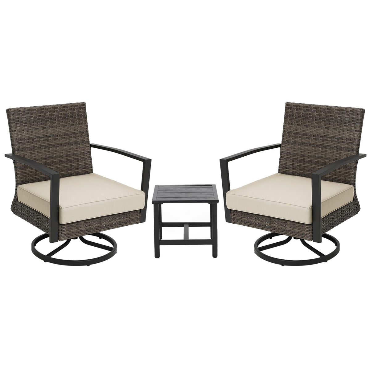 Royalcraft 3 Pieces Patio Bistro Set with Swivel Chair and Small Side Table, All Weather Rattan Chairs with Water-Resistant Cushions & Metal Frame, Outdoor Rocking Chairs, Grey