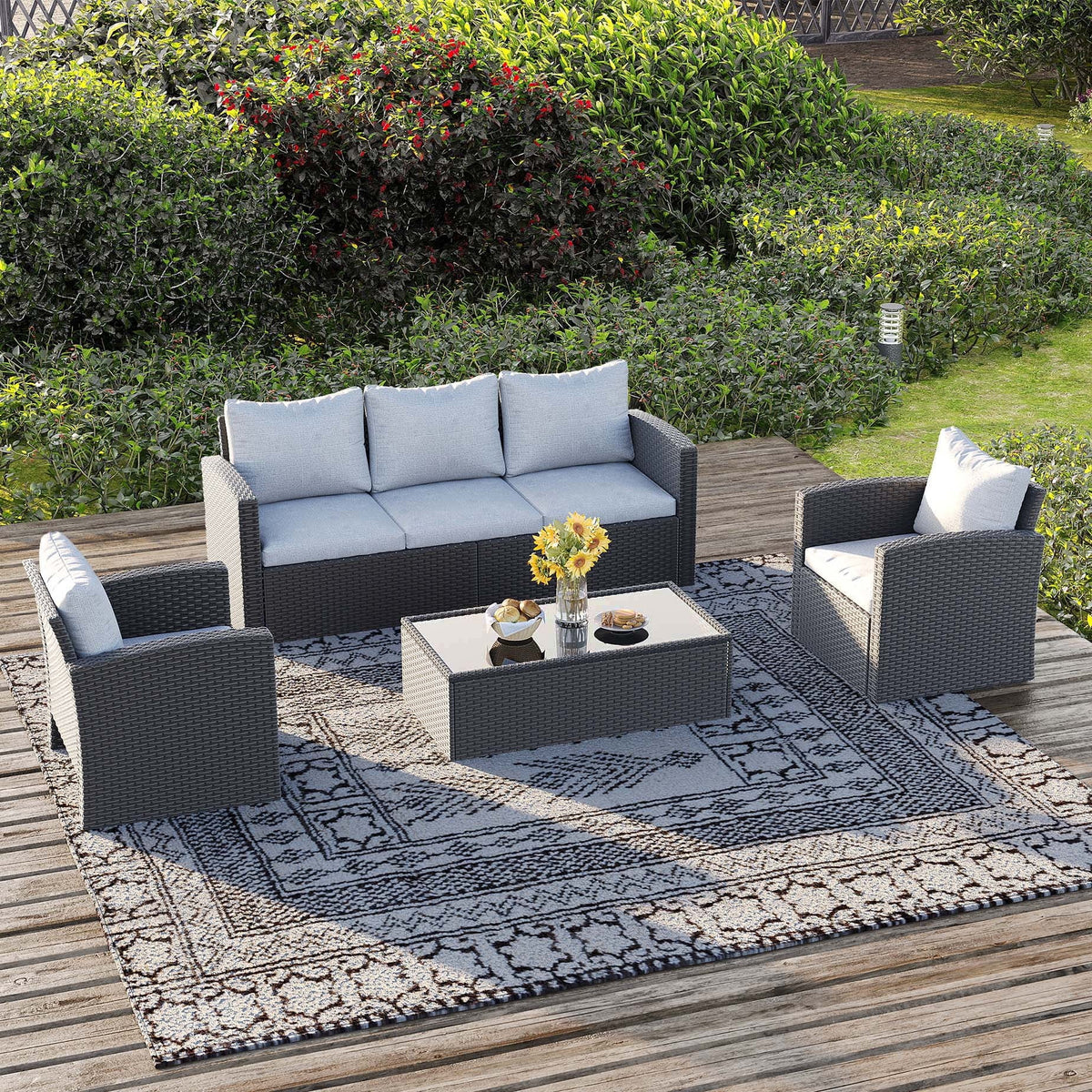 Royalcraft 4 Pieces Patio Furniture Set, All Weather PE Wicker Rattan Outdoor Sectional Sofa with Storage Box and Cushion, Outdoor Furniture for Lawn Backyard Poolside Porch