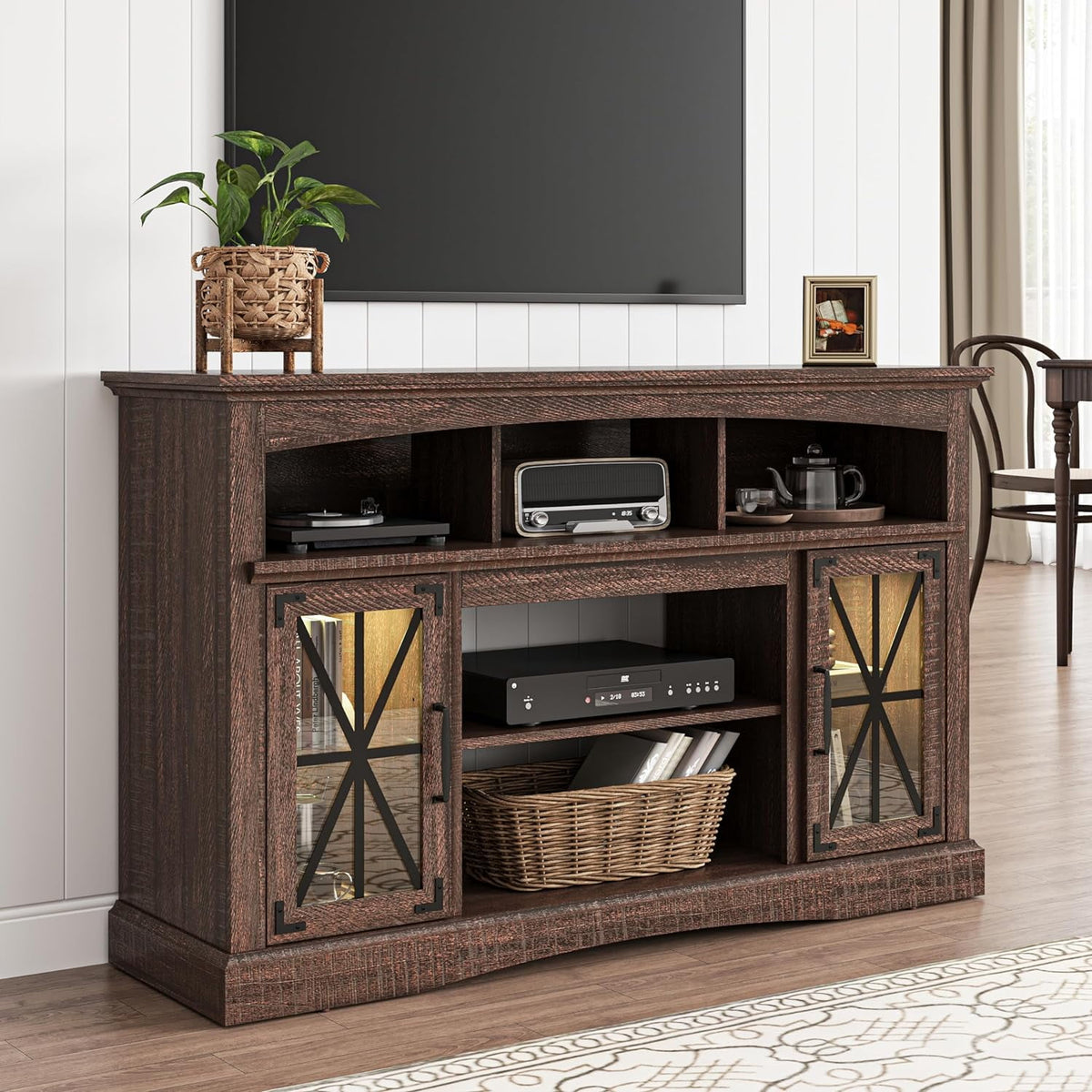 Royalcraft 55'' Farmhouse TV Stand, Retro TV Console with Glass Doors & LED Lights, Media Entertainment Center Table with Adjustable Shelves for 23'' Fireplace, Suitable for Living Room, Brown