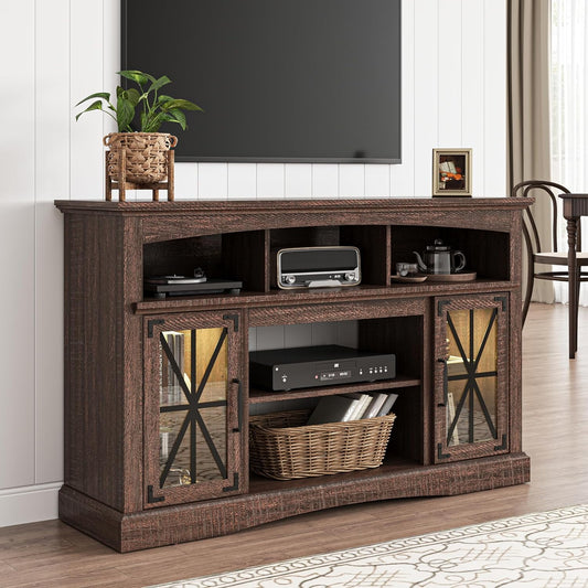 Royalcraft 55'' Farmhouse TV Stand, Retro TV Console with Glass Doors & LED Lights, Media Entertainment Center Table with Adjustable Shelves for 23'' Fireplace, Suitable for Living Room, Brown