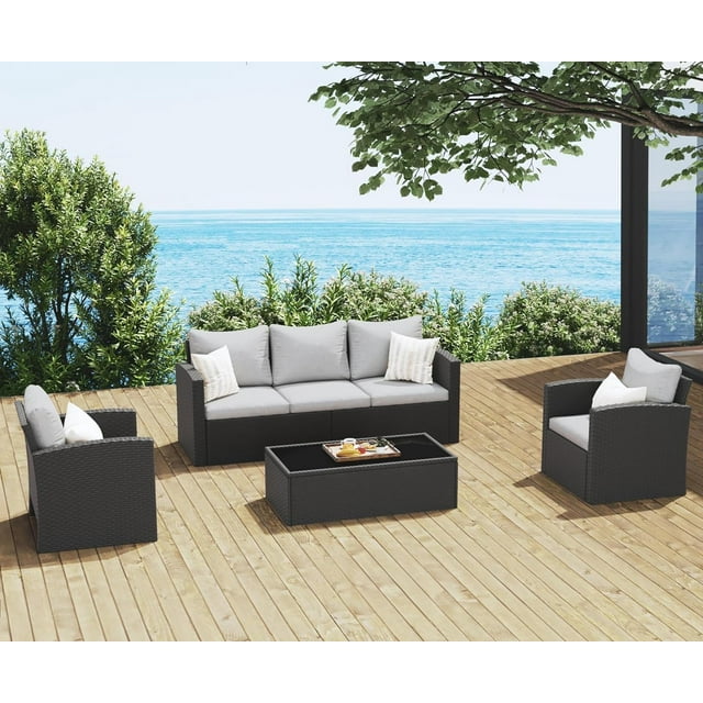 Royalcraft 9 Pieces Patio Furniture Sets, All-Weather Outdoor Sectional Sofa Wicker Rattan Couch Modern Conversation Set with Storage Box, Coffee Table and Grey Cushion