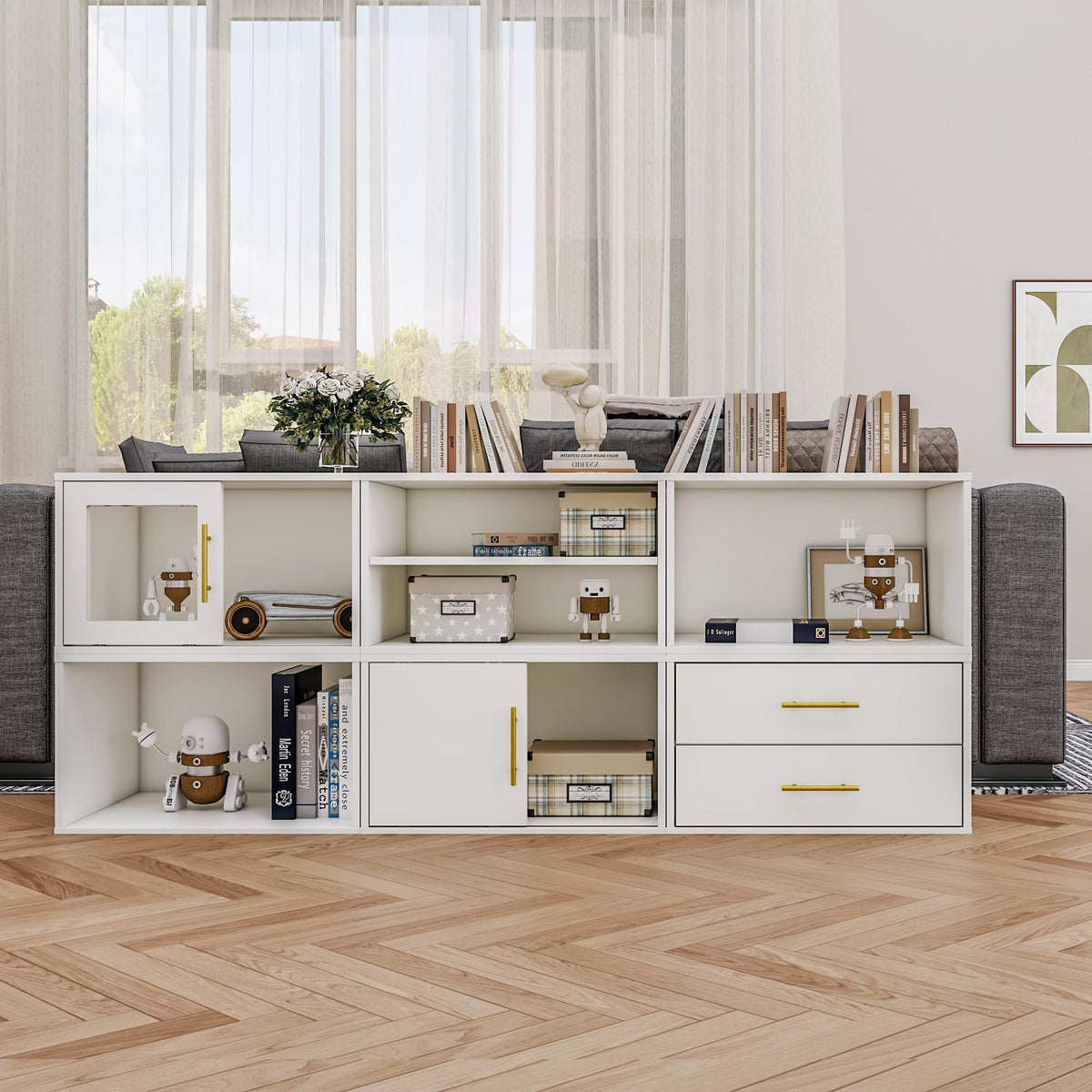 Royalcraft 6 Pieces Cube Storage Organizer, Stackable 24" Small Open Bookcase with Drawers, Adjustable Shelf and Sliding Door, White Wood Cubby Storage Shelves for Small Space, Living Room, Bedroom