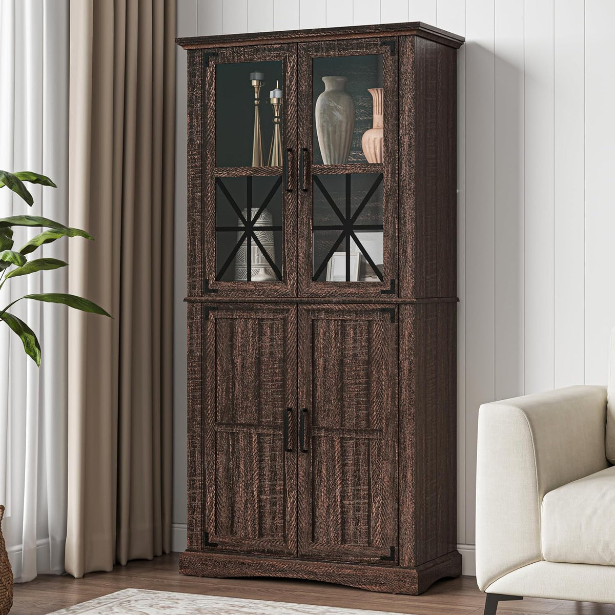 Royalcraft 69'' Tall Farmhouse Storage Cabinet, Retro Display Cabinet with RGB Lights, Freestanding Kitchen Pantry Cabinet with 2 Glass Door Cabinets for Kitchen, Living Room, Home Office, Brown