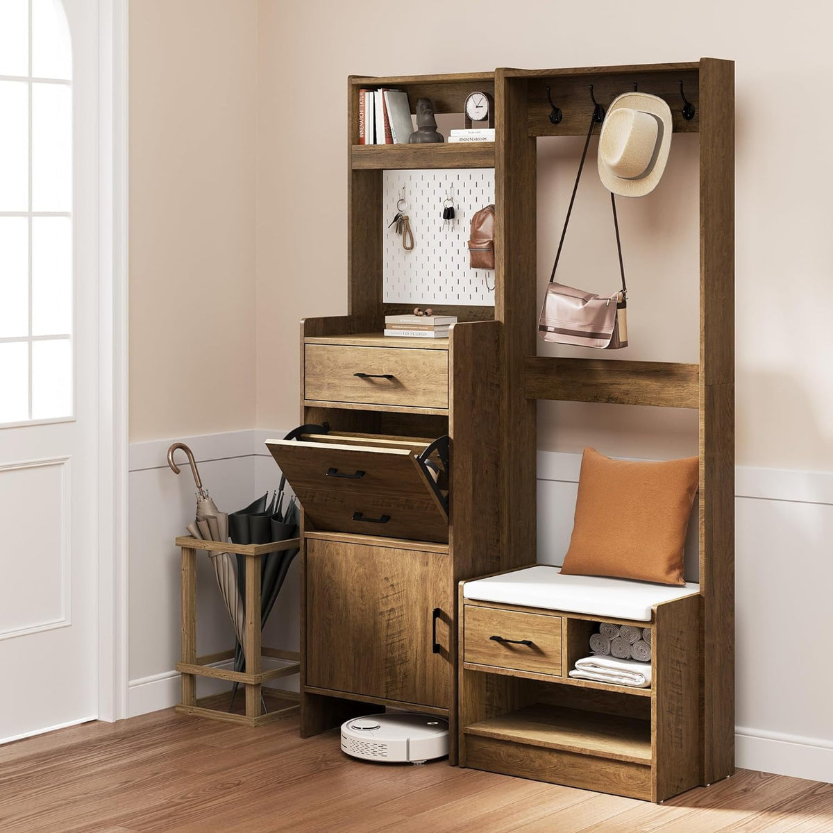 Royalcraft 7-in-1 Hall Tree with Hidden Shoe Storage, Entryway Bench with Coat Rack and Pegboard, Multifunctional Coat Rack with Bench Mudroom Storage