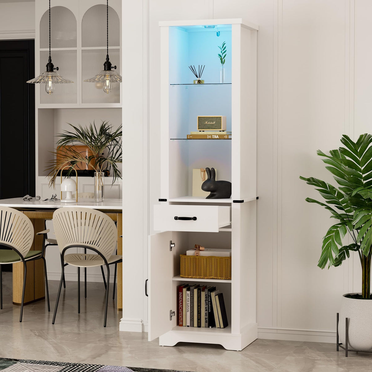 Royalcraft 75'' Tall Storage Cabinet with LED Light, Farmhouse Pantry Cabinet with Tempered Glass Adjustable Shelves & Barn Door, Freestanding Linen Tower for Bathroom, Living Room, Kitchen, White
