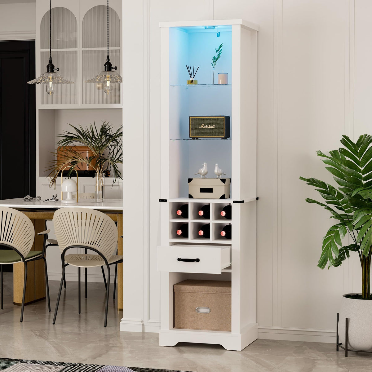 Royalcraft 75'' Tall Storage Cabinet with LED Light, Farmhouse Pantry Cabinet with Tempered Glass Adjustable Shelves & Wine Storage Rack, Freestanding Linen Tower for Bathroom, Living Room,White