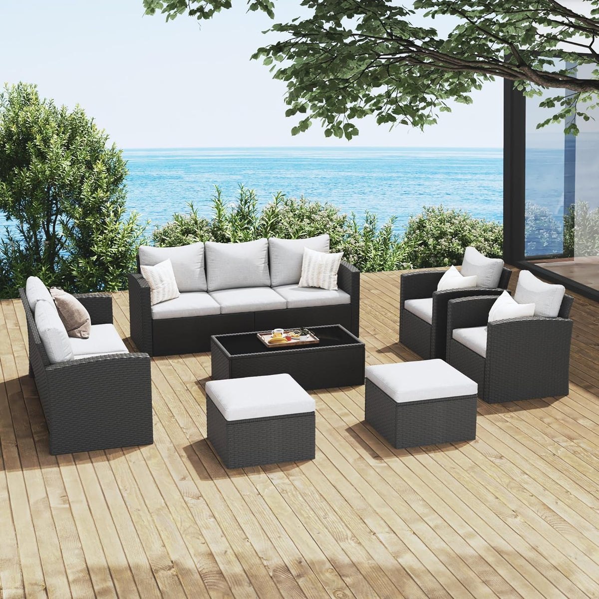 Royalcraft 9 Pieces Patio Furniture Sets, All-Weather Outdoor Sectional Sofa Wicker Rattan Couch Modern Conversation Set with Storage Box, Coffee Table and Grey Cushion