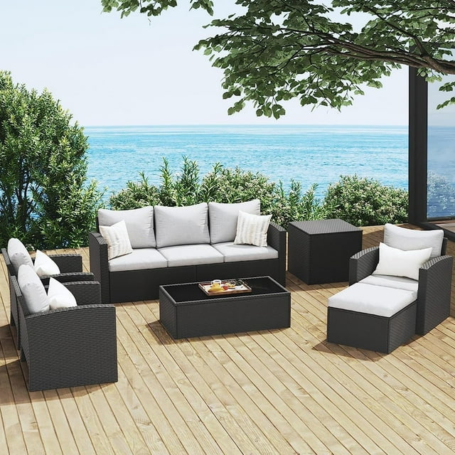 Royalcraft 9 Pieces Patio Furniture Sets, All-Weather Outdoor Sectional Sofa Wicker Rattan Couch Modern Conversation Set with Storage Box, Coffee Table and Grey Cushion