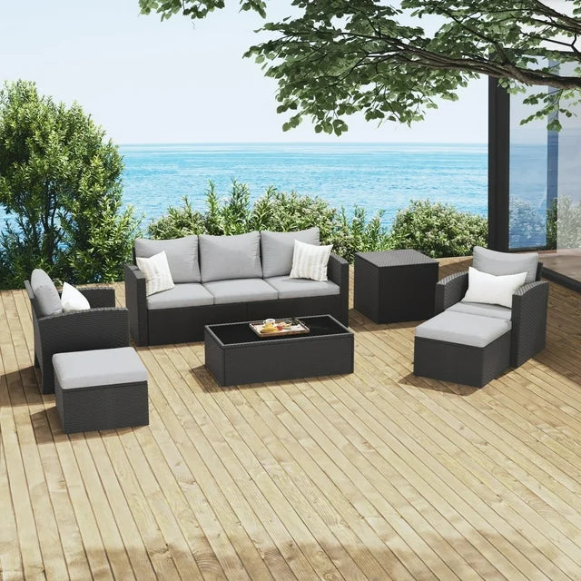 Royalcraft 8 Pieces Patio Furniture Set, All Weather PE Wicker Rattan Outdoor Sectional Sofa with Storage Box and Cushion, Outdoor Furniture for Lawn Backyard Poolside Porch