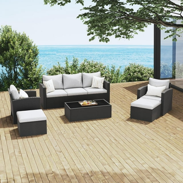 Royalcraft 9 Pieces Patio Furniture Sets, All-Weather Outdoor Sectional Sofa Wicker Rattan Couch Modern Conversation Set with Storage Box, Coffee Table and Grey Cushion