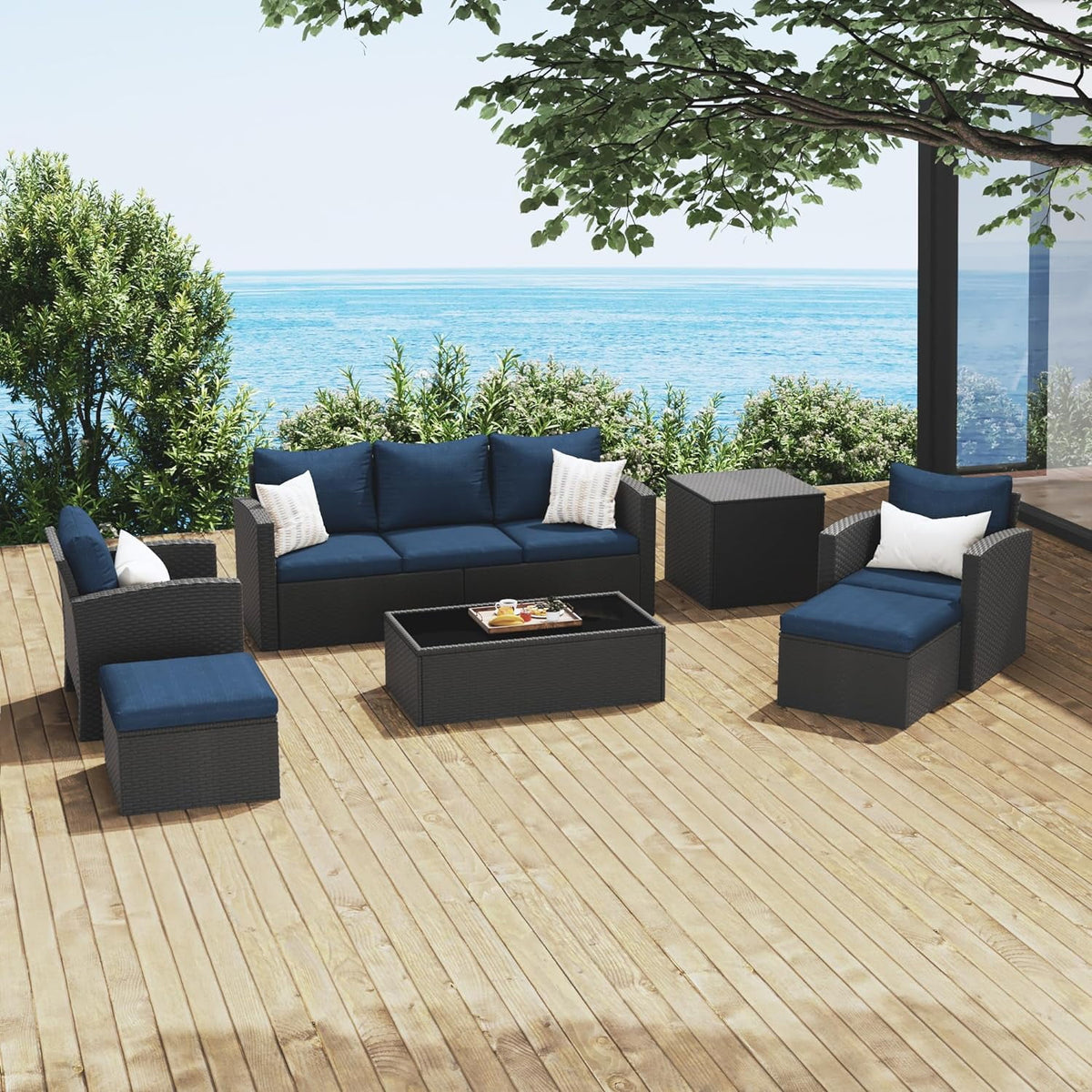 Royalcraft 9 Pieces Patio Furniture Sets, All-Weather Outdoor Sectional Sofa Wicker Rattan Couch Modern Conversation Set with Storage Box, Coffee Table and Grey Cushion