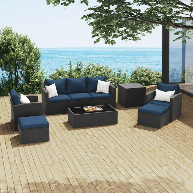 Royalcraft 9 Pieces Patio Furniture Sets, All-Weather Outdoor Sectional Sofa Wicker Rattan Couch Modern Conversation Set with Storage Box, Coffee Table and Grey Cushion