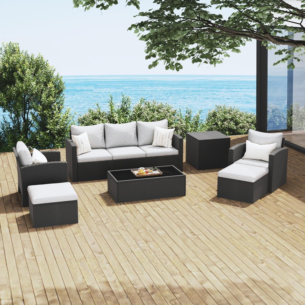 Royalcraft 9 Pieces Patio Furniture Sets, All-Weather Outdoor Sectional Sofa Wicker Rattan Couch Modern Conversation Set with Storage Box, Coffee Table and Grey Cushion