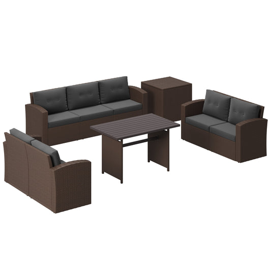 Royalcraft 9-Piece Patio Furniture with Waterproof Outdoor Coffee Table, 73 Gallon Storage Box, Lightweight Aluminum Frame, All-Weather Wicker Rattan,Brown Wicker and Dark Grey Cushion