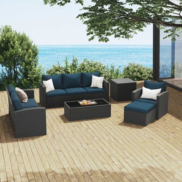 Royalcraft 9 Pieces Patio Furniture Set, All Weather PE Wicker Rattan Outdoor Sectional Sofa with Storage Box and Cushion, Outdoor Furniture for Lawn Backyard Poolside Porch