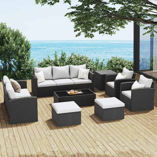 Royalcraft 9 Pieces Patio Furniture Sets, All-Weather Outdoor Sectional Sofa Wicker Rattan Couch Modern Conversation Set with Storage Box, Coffee Table and Grey Cushion