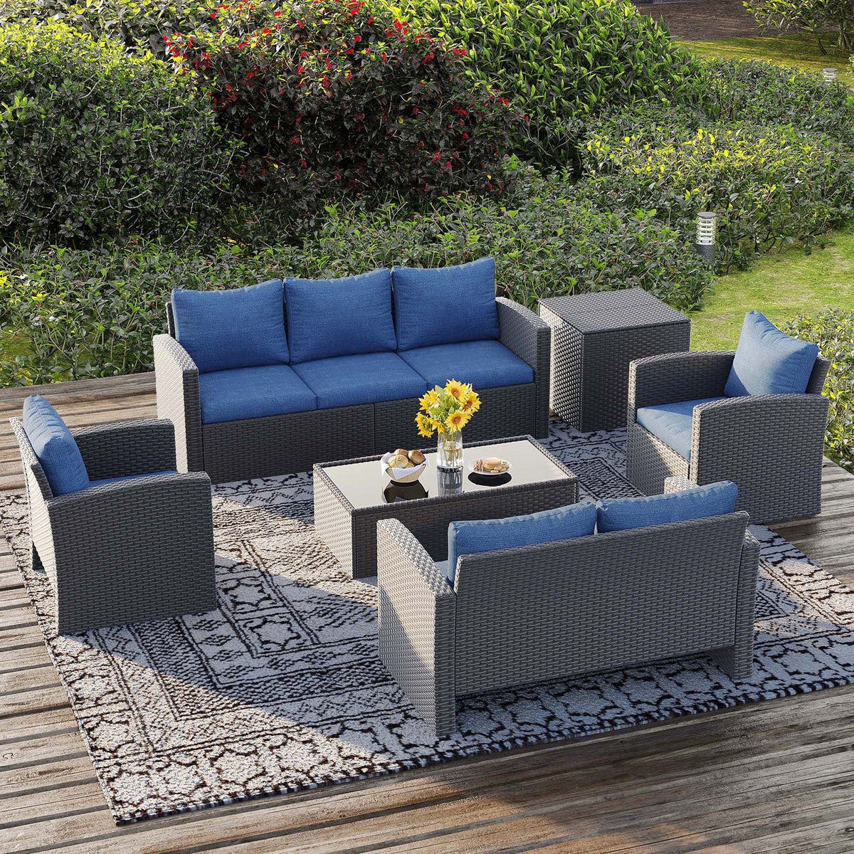 Royalcraft 9 Pieces Patio Furniture Set, All Weather PE Wicker Rattan Outdoor Sectional Sofa, Outdoor Sectional Sofa for Lawn Backyard Poolside Porch Garden, Blue
