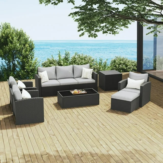 Royalcraft 8 Pieces Patio Furniture Set, All Weather PE Wicker Rattan Outdoor Sectional Sofa with Storage Box and Cushion, Outdoor Furniture for Lawn Backyard Poolside Porch