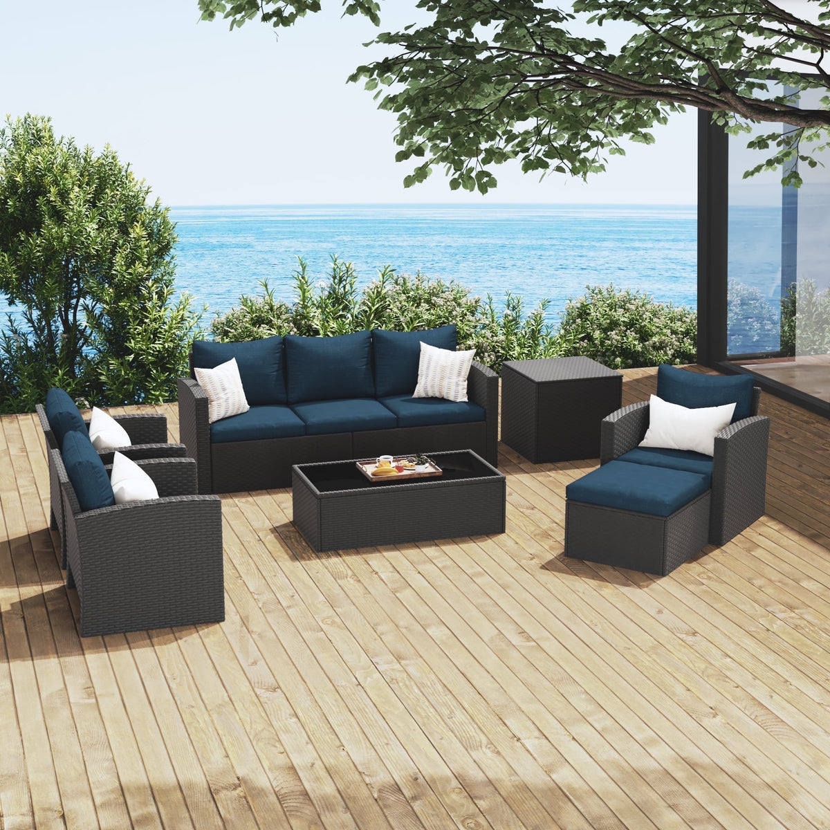 Royalcraft 9 Pieces Patio Furniture Set, All Weather Grey PE Wicker Rattan Outdoor Sectional Sofa with Coffee Table and Grey Cushion, Outdoor Furniture for Lawn Backyard Poolside Porch
