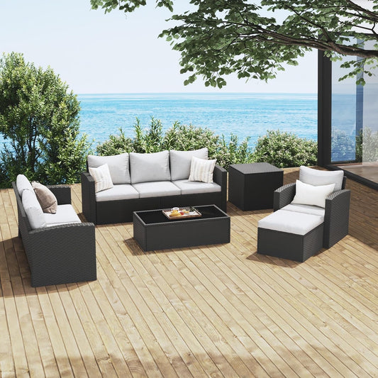 Royalcraft 9 Pieces Patio Furniture Sets, All-Weather Outdoor Sectional Sofa Wicker Rattan Couch Modern Conversation Set with Storage Box, Coffee Table and Grey Cushion