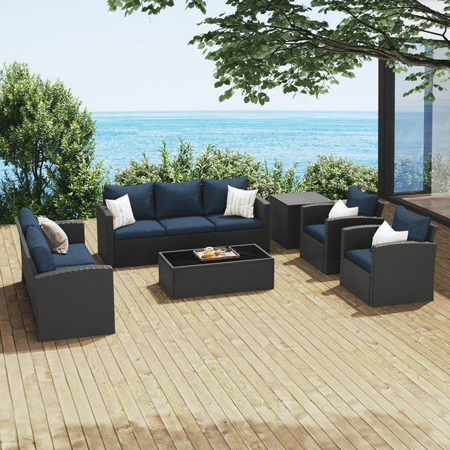 Royalcraft 9 Pieces Patio Furniture Sets, All-Weather Outdoor Sectional Sofa Wicker Rattan Couch Modern Conversation Set with Storage Box, Coffee Table and Grey Cushion