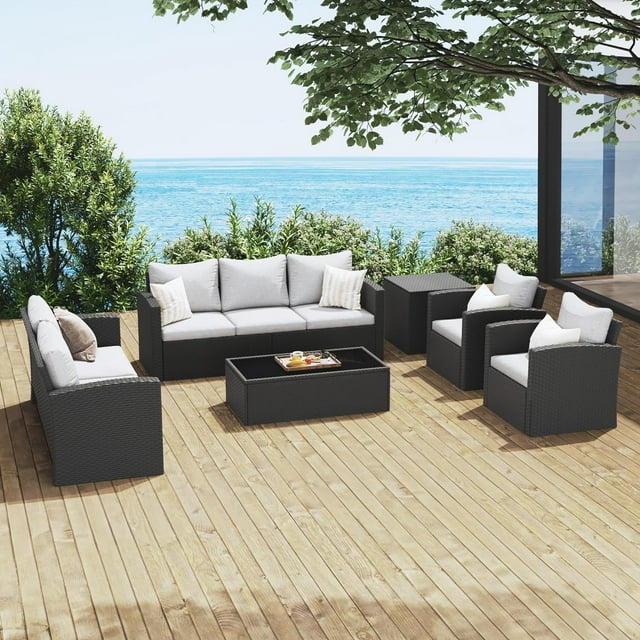 Royalcraft 9 Pieces Patio Furniture Sets, All-Weather Outdoor Sectional Sofa Wicker Rattan Couch Modern Conversation Set with Storage Box, Coffee Table and Grey Cushion