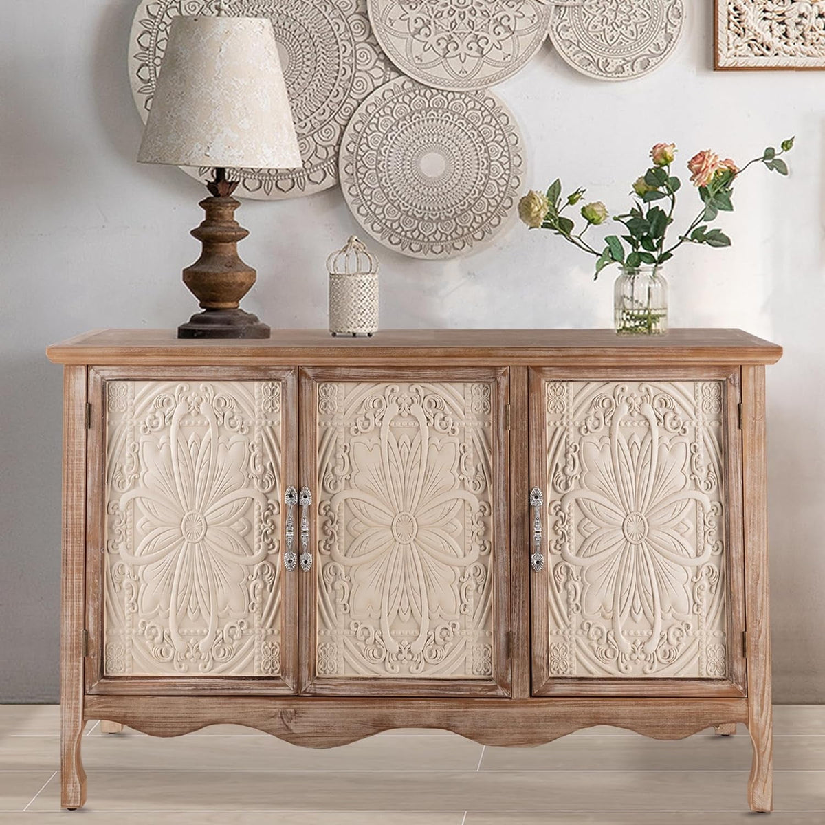 Royalcraft Accent Cabinet Rustic Storage Cabinet with 3 Carved Doors, Vintage Sideboard Buffet Cabinet with Shelves, Wood Entryway Cabinet for Kitchen, Dining Room, Living Room, Bedroom
