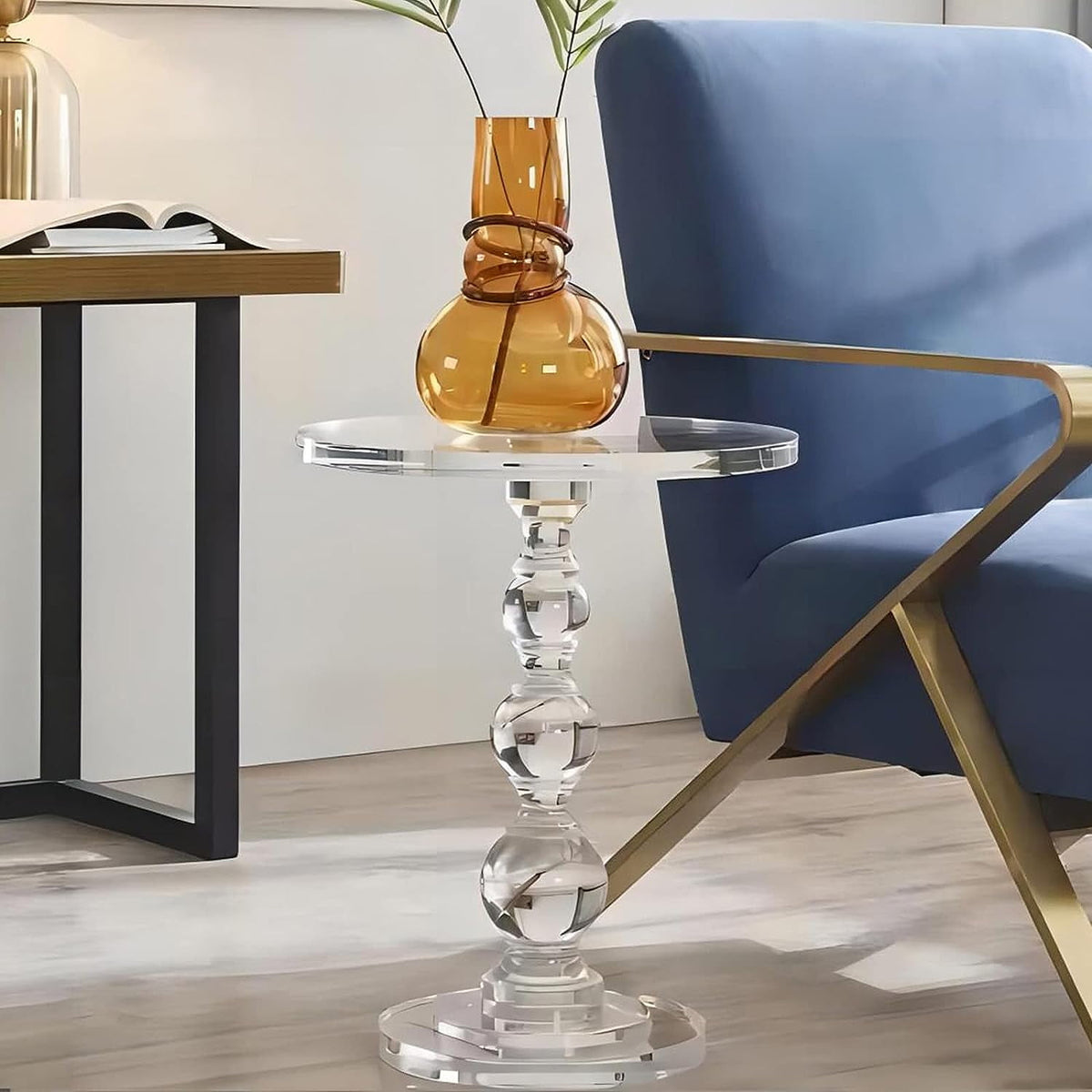Royalcraft Acrylic Side Table, Small Gold Coffee Table with Brushed Brass Metal, Round Acrylic End Table  for Living Room Office