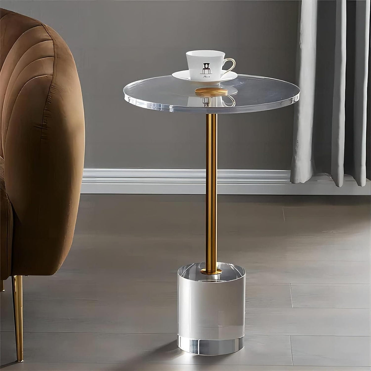 Royalcraft Acrylic Side Table, Small Gold Coffee Table with Brushed Brass Metal, Round Acrylic End Table  for Living Room Office