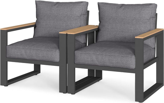 Royalcraft Aluminum Outdoor Armchair, 2 Pieces All-Weather Metal Patio Single Sofa, Patio Conversation Set for Porch Backyard Garden, Grey