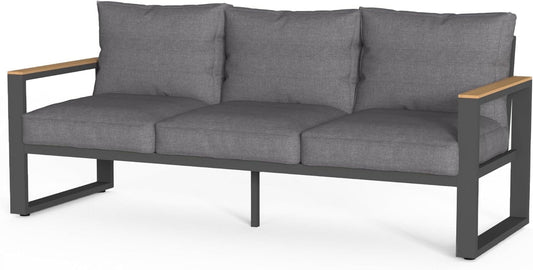 Royalcraft Aluminum Outdoor Couch, All-Weather Metal Patio 3-seat Sofa with Soft Thick Cushions, Patio Sofa Couch for Porch Backyard Garden, Grey