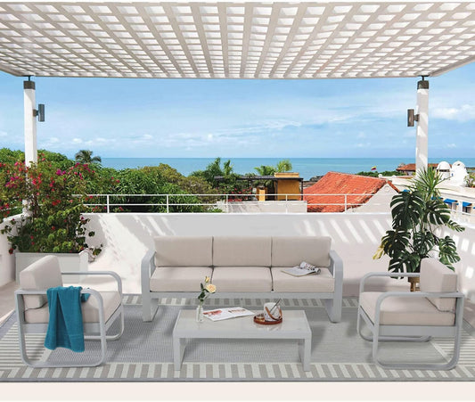 Royalcraft Aluminum Patio Furniture, Outdoor Metal Patio Furniture Conversation Set with Coffee Table, Outside Patio Sofa Sets with Cushion for Balcony Backyard Garden, Beige
