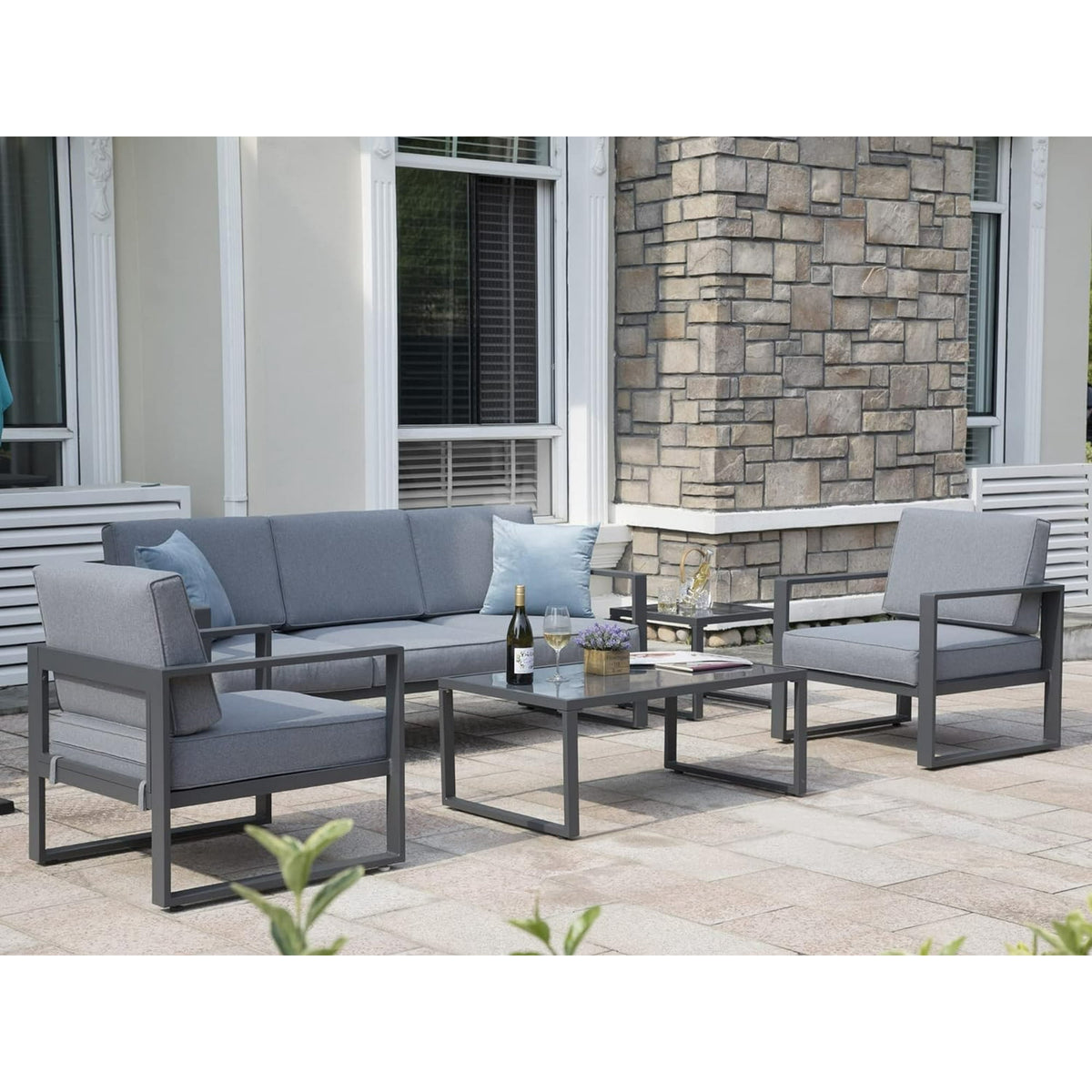 Royalcraft Aluminum Patio Furniture Set, All-Weather 7 Pieces Outdoor Couch Conversation Set Modern Metal Outdoor Sectional Sofa with Ottomans and Coffee Table