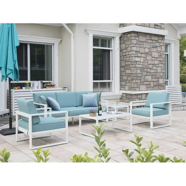 Royalcraft Aluminum Patio Furniture Set, All-Weather 7 Pieces Outdoor Couch Conversation Set Modern Metal Outdoor Sectional Sofa with Ottomans and Coffee Table