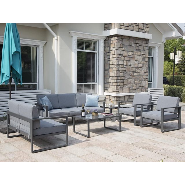 Royalcraft Aluminum Patio Furniture Set, All-Weather 7 Pieces Outdoor Couch Conversation Set Modern Metal Outdoor Sectional Sofa with Ottomans and Coffee Table