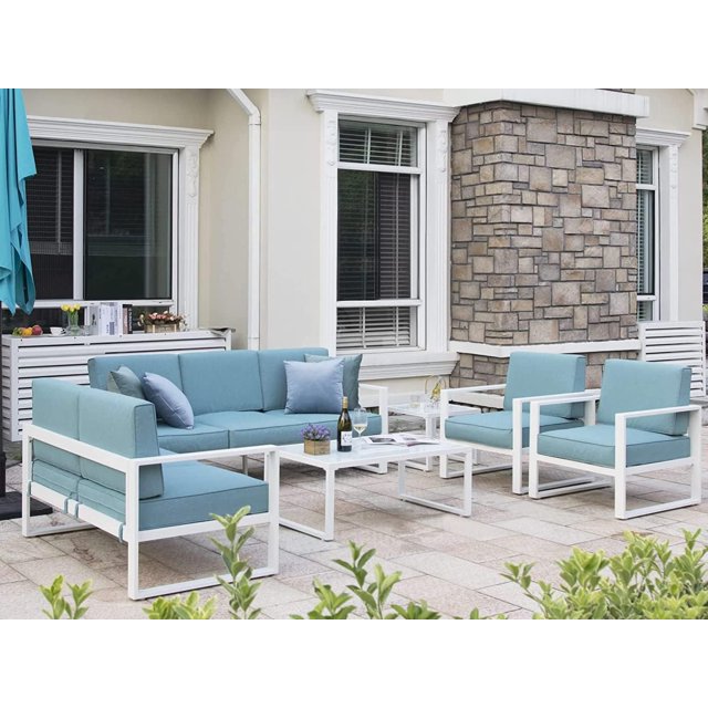 Royalcraft Aluminum Patio Furniture Set, All-Weather 7 Pieces Outdoor Couch Conversation Set Modern Metal Outdoor Sectional Sofa with Ottomans and Coffee Table