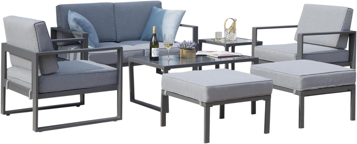 Royalcraft Aluminum Patio Furniture Set, All-Weather 7 Pieces Outdoor Couch Conversation Set Modern Metal Outdoor Sectional Sofa with Ottomans and Coffee Table