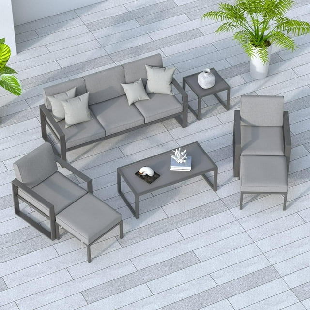 Royalcraft Aluminum Patio Furniture Set, All-Weather 7 Pieces Outdoor Couch Conversation Set Modern Metal Outdoor Sectional Sofa with Ottomans and Coffee Table