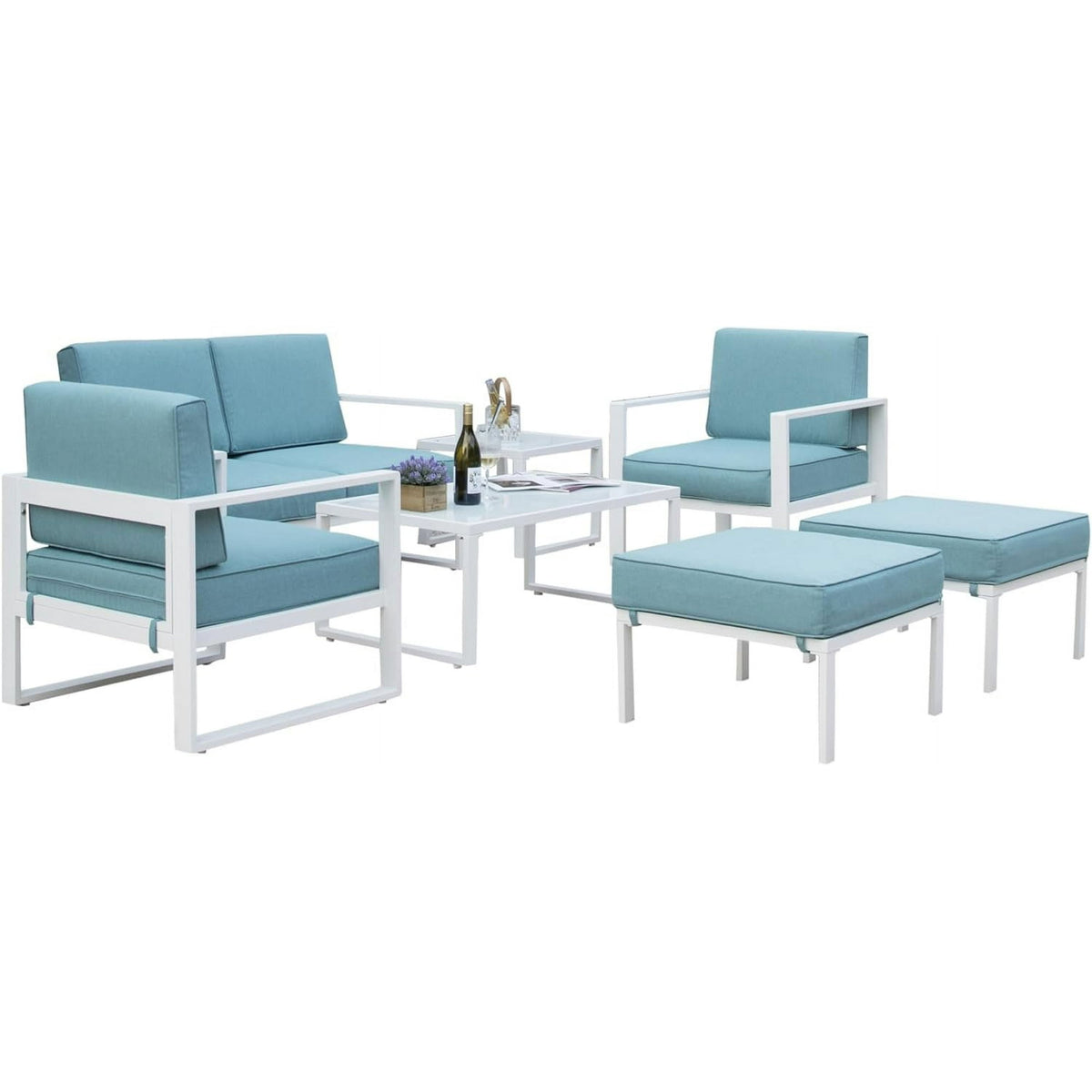 Royalcraft Aluminum Patio Furniture Set, All-Weather 7 Pieces Outdoor Couch Conversation Set Modern Metal Outdoor Sectional Sofa with Ottomans and Coffee Table