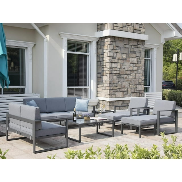 Royalcraft Aluminum Patio Furniture Set, All-Weather 7 Pieces Outdoor Couch Conversation Set Modern Metal Outdoor Sectional Sofa with Ottomans and Coffee Table
