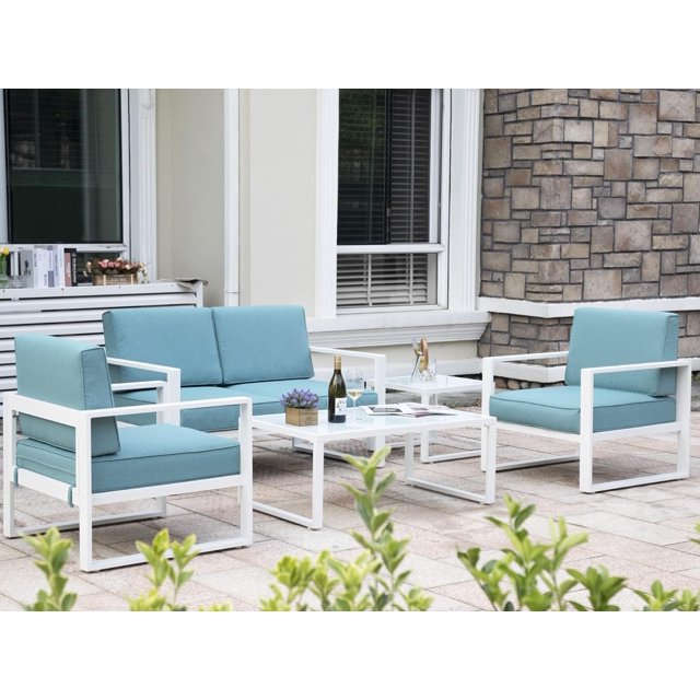 Royalcraft Aluminum Patio Furniture Set, All-Weather 7 Pieces Outdoor Couch Conversation Set Modern Metal Outdoor Sectional Sofa with Ottomans and Coffee Table