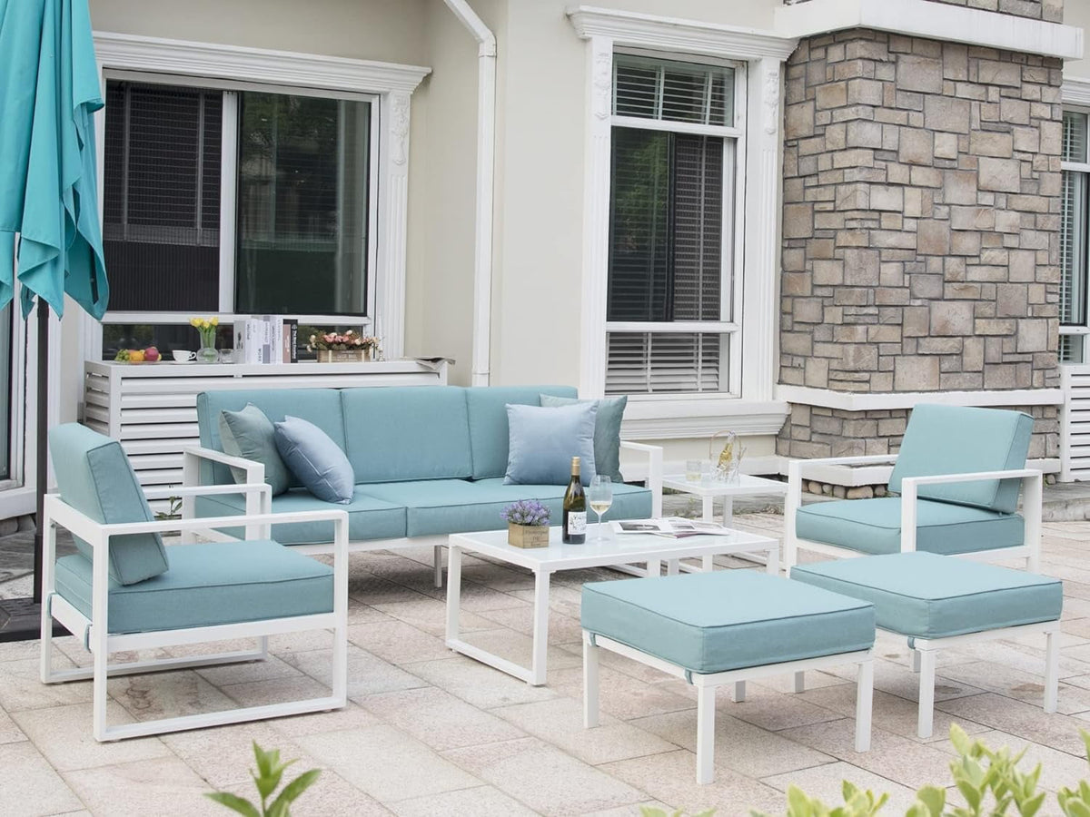 Royalcraft Aluminum Patio Furniture Set, All-Weather 7 Pieces Outdoor Couch Conversation Set Modern Metal Outdoor Sectional Sofa with Ottomans and Coffee Table
