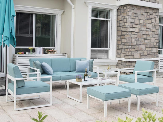 Royalcraft Aluminum Patio Furniture Set, All-Weather 7 Pieces Outdoor Couch Conversation Set Modern Metal Outdoor Sectional Sofa with Ottomans and Coffee Table