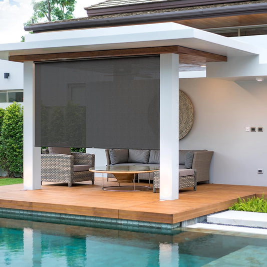 Royalcraft Cordless Outdoor Roller Sun Shade with Pole，6'Wx8'H 420GSM 95% Blockout Waterproof Outdoor Blinds Roll Up for Gazebo Porch, Deck, Pergola,Black