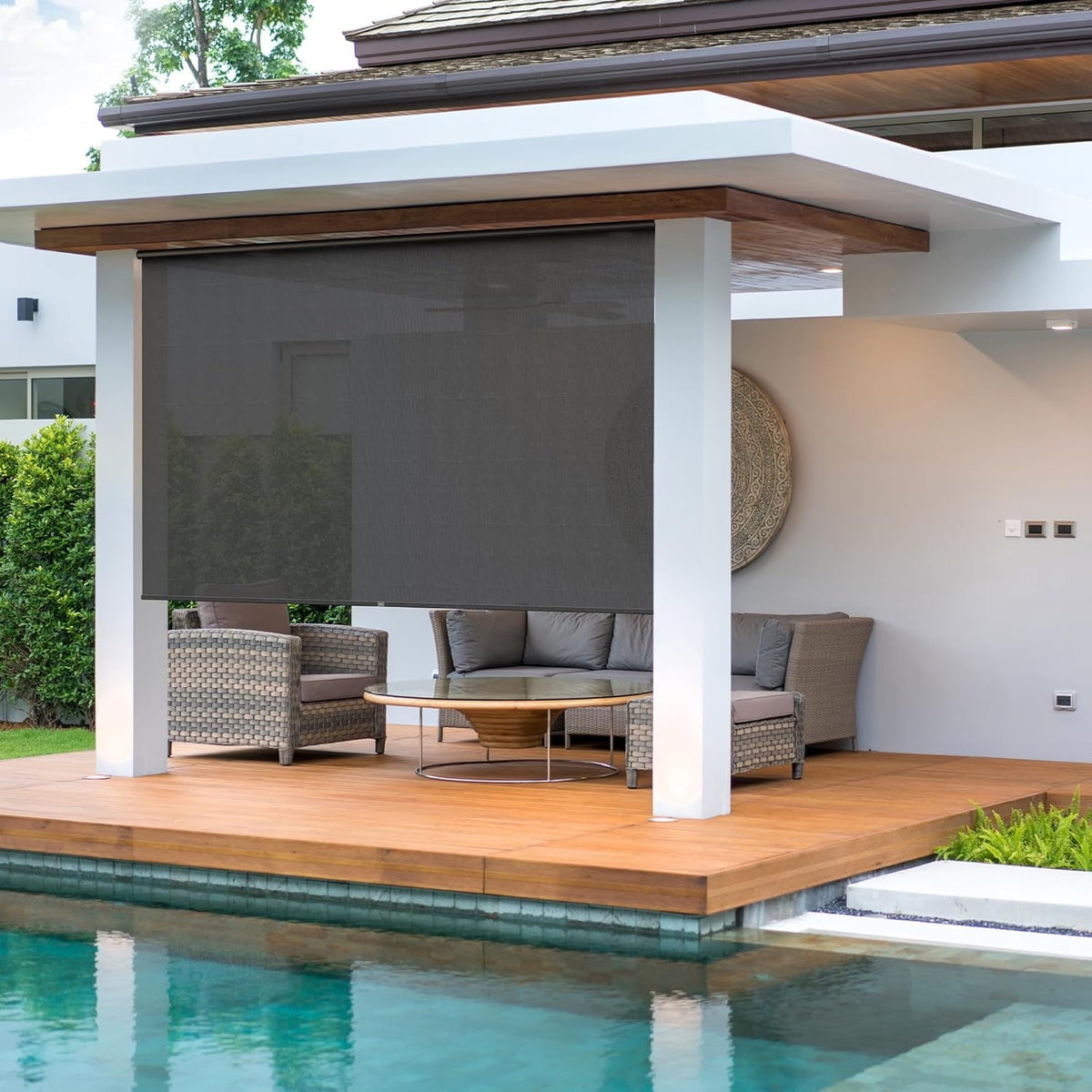 Royalcraft Cordless Outdoor Roller Sun Shade with Pole，6'Wx6'H 420GSM 95% Blockout Waterproof Outdoor Blinds Roll Up for Gazebo Porch, Deck, Pergola,Brown