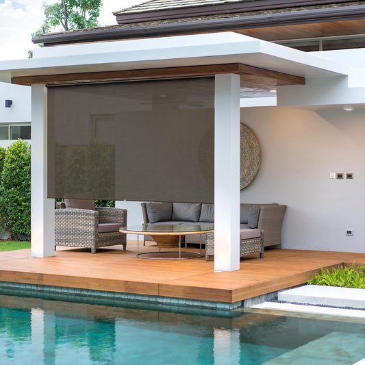 Royalcraft Cordless Outdoor Roller Sun Shade with Pole，8'Wx8'H 420GSM 95% Blockout Waterproof Outdoor Blinds Roll Up for Gazebo Porch, Deck, Pergola,Brown
