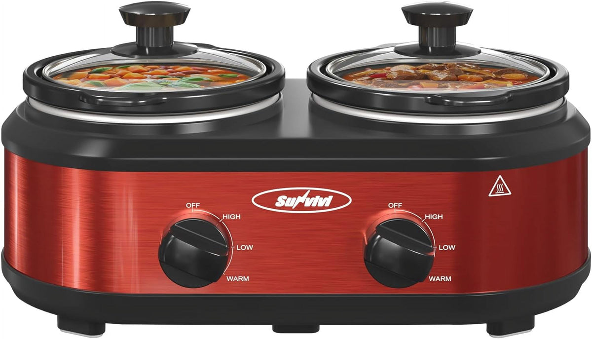 Royalcraft Double Slow Cooker,2 Pot Small Mini Crock Buffet Servers and Warmer,Dual Pot Oval Manual Slow Cooker with Adjustable Temp Removable Ceramic Pot,Stainless Steel, Total 2.5 Quarts Black