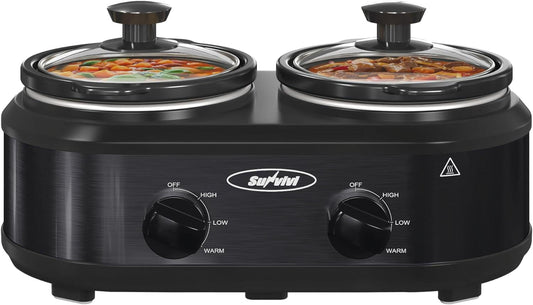Royalcraft Double Slow Cooker,2 Pot Small Mini Crock Buffet Servers and Warmer,Dual Pot Oval Manual Slow Cooker with Adjustable Temp Removable Ceramic Pot,Stainless Steel, Total 2.5 Quarts Black