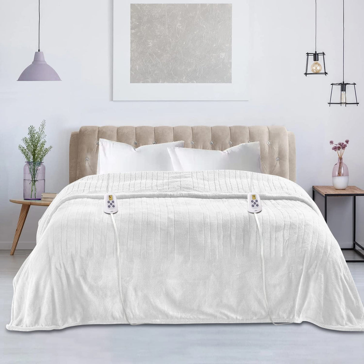 Royalcraft Electric Blanket Queen Size 84"x90" Flannel Heated Throw Blanket, Dual Controls Setting Electric Blanket, 10 Heating Levels, 12H Auto-off, 5 Years Warranty, Machine Washable - Beige