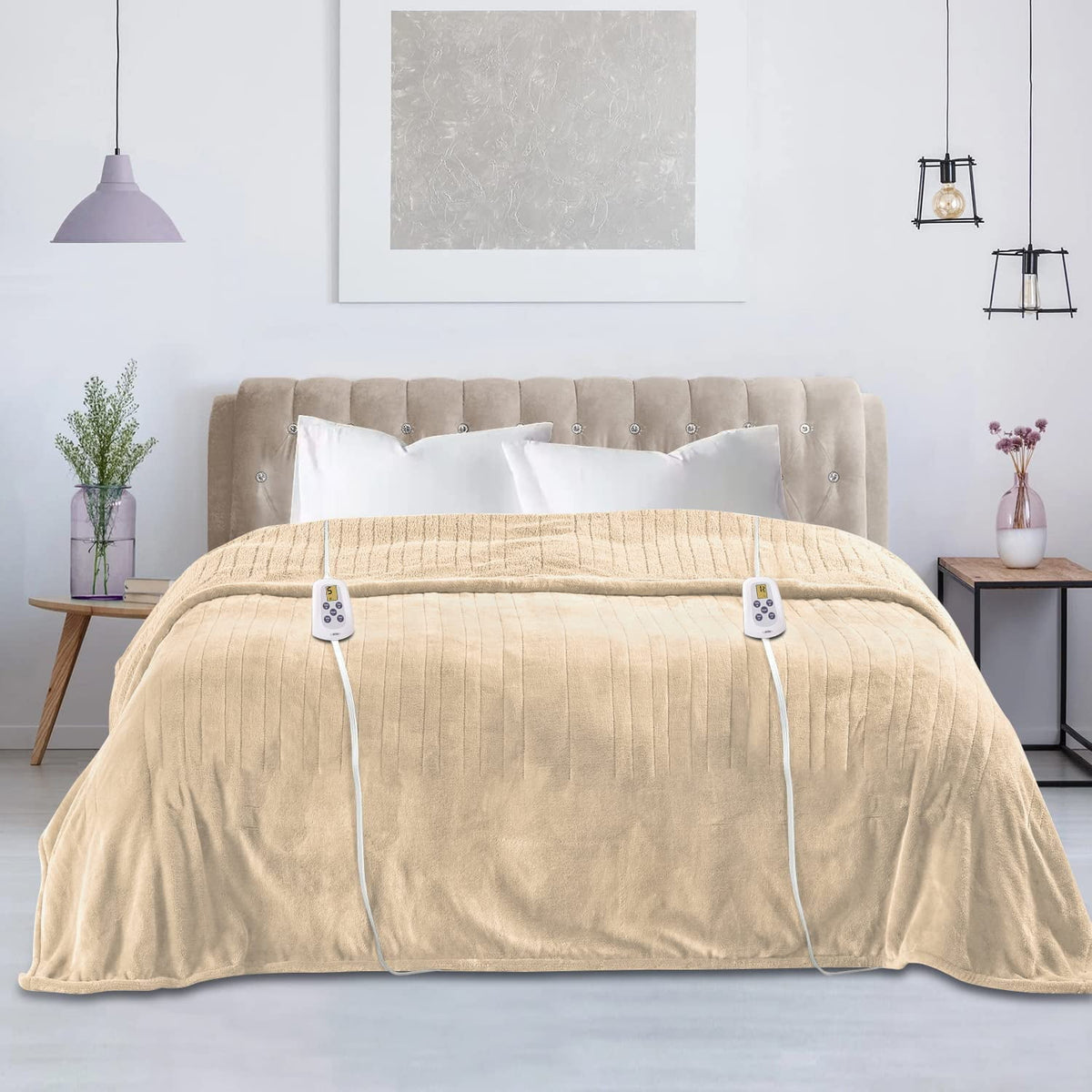 Royalcraft Electric Blanket Queen Size 84"x90" Flannel Heated Throw Blanket, Dual Controls Setting Electric Blanket, 10 Heating Levels, 12H Auto-off, 5 Years Warranty, Machine Washable - White